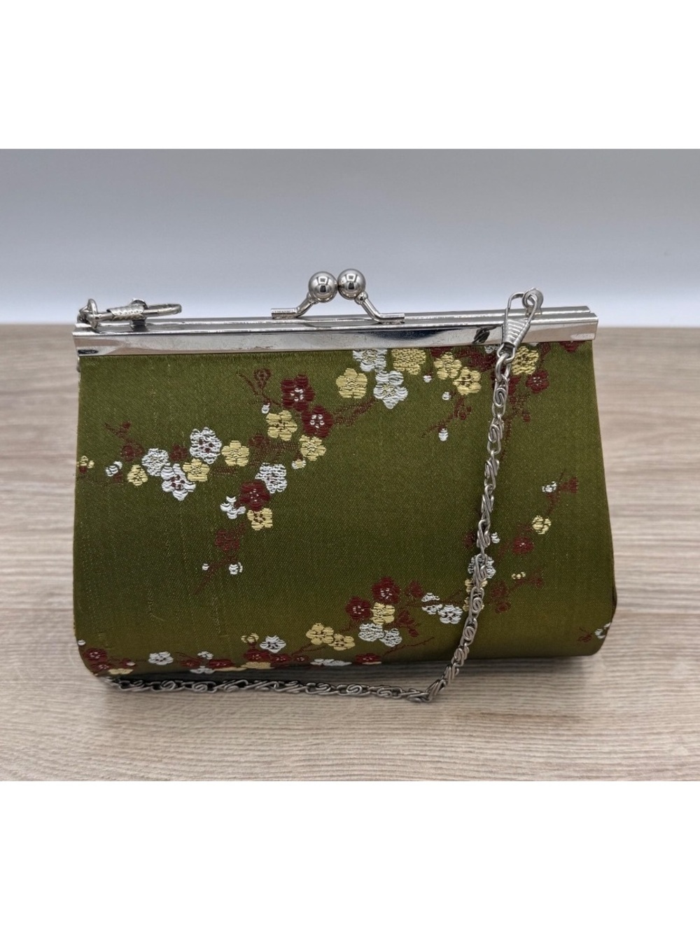 Olive Green Floral Embroidered Kiss Lock Evening Purse